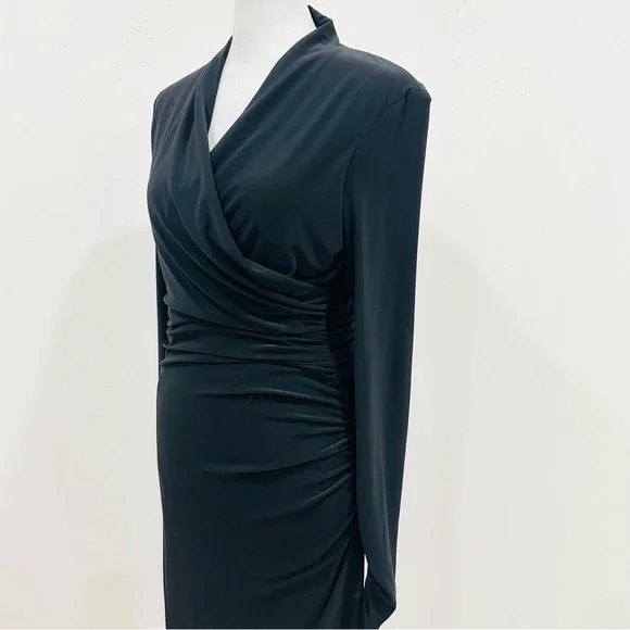 Lauren Ralph Lauren Black Matte Jersey Long Sleeve Faux Wrap Dress - Size 6 - Picture 4 of 12